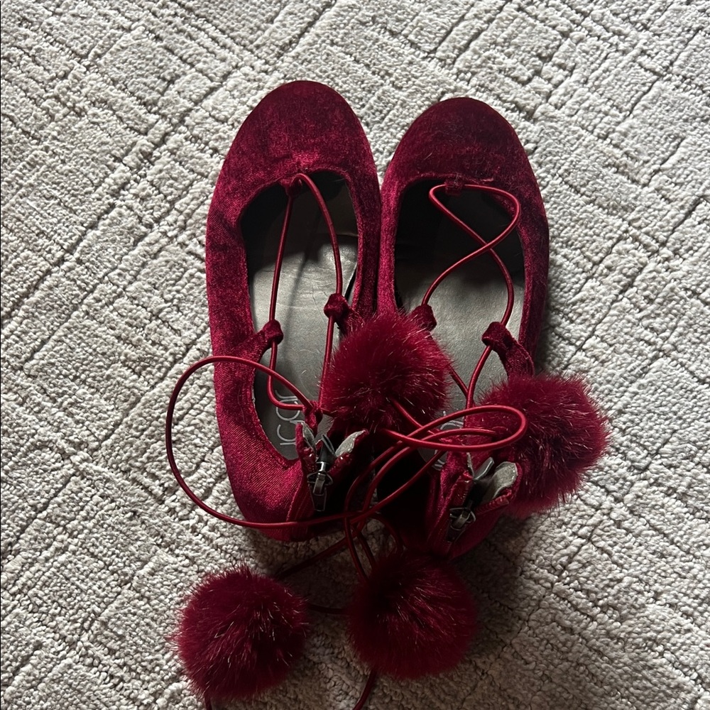 Sugar Velvet Lace-Up Dress Shoes with Pom Poms - Red
